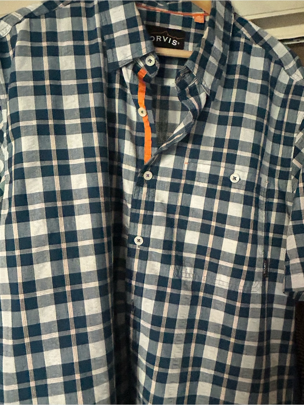 Orvis Blue and White Plaid Short-Sleeve Button-Down Shirt with orange accents.